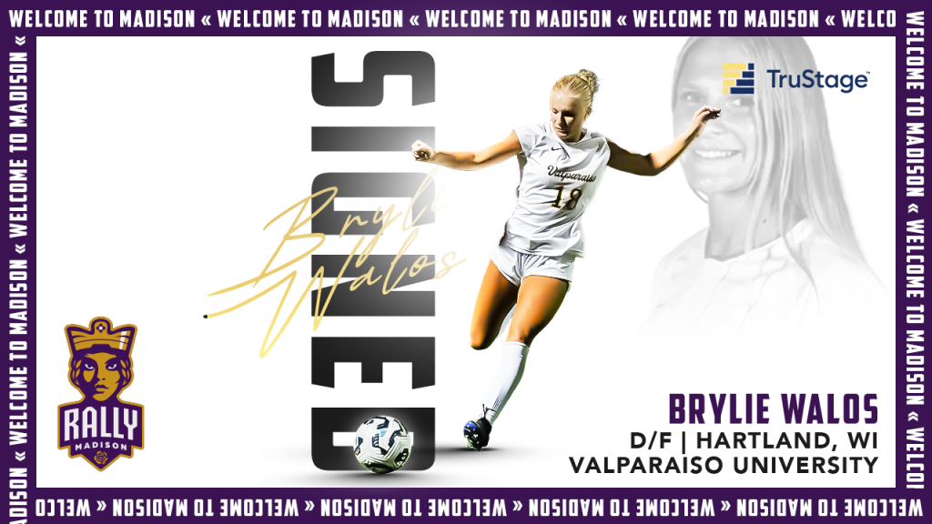 Female soccer player, Brylie Walos, kicks a soccer ball in official Rally Madison FC player signing graphic.