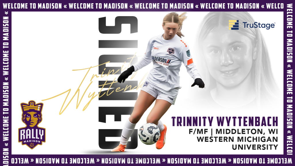 Soccer player, Trinnity Wyttenbach, dribbles a soccer ball in Rally Madison FC Official Player Signing Graphic. 