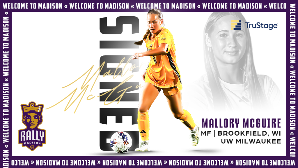 Soccer player, Mallory McGuire, dribbles a ball in official Rally Madison FC signing graphic. 